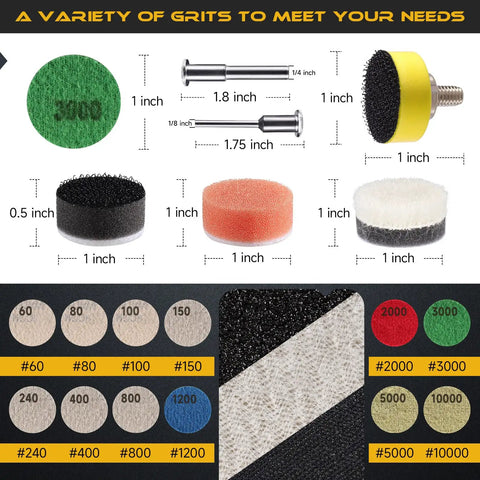 All In One 180 Piece Sanding Discs Set With Grits 60 Through 10000 and various shank sizes displayed on chart.