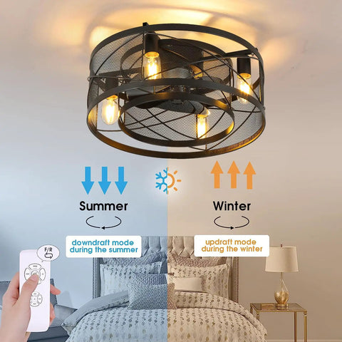 Caged Ceiling Fan With Lights 20 Inch Grain Black Finish Metal Cage 3 Blades Remote Control 6 Speeds displayed in bedroom.