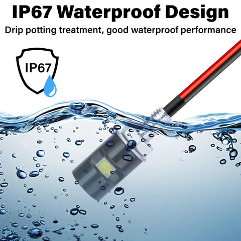 Close-up of IP67 waterproof design for 2 Pack White LED License Plate Lights for Motorcycle and Car, submerged in water.