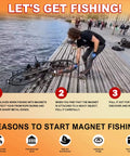 Person using Double Sided 1320Lbs Neodymium Fishing Magnet Kit With 100 Ft Rope Includes Gloves Thread Locker Grappling Hook Carrying Bag And Locking Carabiners For Treasure Hunting And Metal Detecting to pull bike from water on dock.