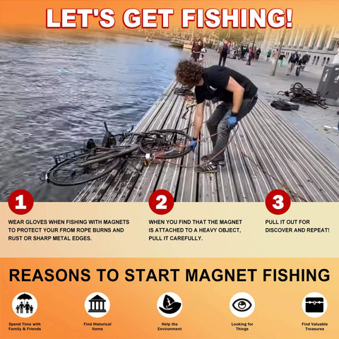 Person using Double Sided 1320Lbs Neodymium Fishing Magnet Kit With 100 Ft Rope Includes Gloves Thread Locker Grappling Hook Carrying Bag And Locking Carabiners For Treasure Hunting And Metal Detecting to pull bike from water on dock.