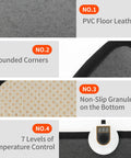 Features of Under Desk Heated Floor Mat With 55W Power, 7 Temperature Settings, Foot Warmer Pad showing PVC leather and control panel.