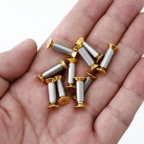 30 Piece Knife Handle Screws Set With Gold Hex Flat Head Fasteners held on a hand, showcasing M4 shaft and flat head screws