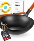 13.5 Inch Carbon Steel Wok Pan Pre Seasoned Flat Bottom Wok with awards displayed