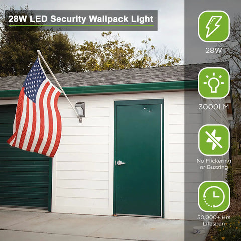 LED Wall Pack Light With Dusk To Dawn Photocell For Outdoor Security, Wall Mount, 28W, 3000LM, 4000K Daylight, garage mount display
