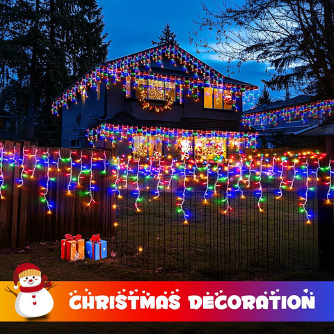 House decorated with Epic 800 LED Icicle Christmas Lights Outdoor Plug In Multicolor With 160 Drops Waterproof 8 Modes 77.6 Feet Length Plus 10 Feet Extension Cord For Porch Or Backyard Holiday Decor at night