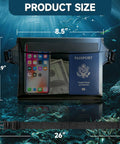 Two Pack Waterproof Phone Pouch With Adjustable Belt And Floating Design shown with phone, passport, and cash