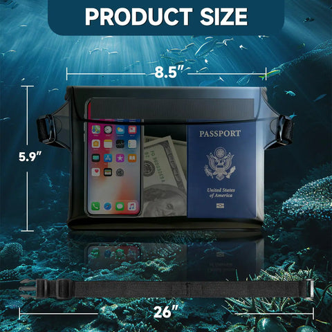 Two Pack Waterproof Phone Pouch With Adjustable Belt And Floating Design shown with phone, passport, and cash