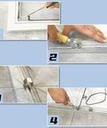 4 In 1 Screen Repair Kit With Roller Tools Bearing Removal Hook Clips Spline And Step By Step Manual For DIY Home Mesh Install And Replace On Doors And Windows showing various steps of using roller tools and hooks on mesh.