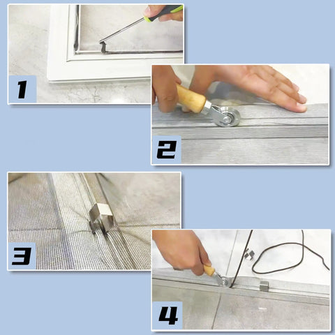 4 In 1 Screen Repair Kit With Roller Tools Bearing Removal Hook Clips Spline And Step By Step Manual For DIY Home Mesh Install And Replace On Doors And Windows showing various steps of using roller tools and hooks on mesh.