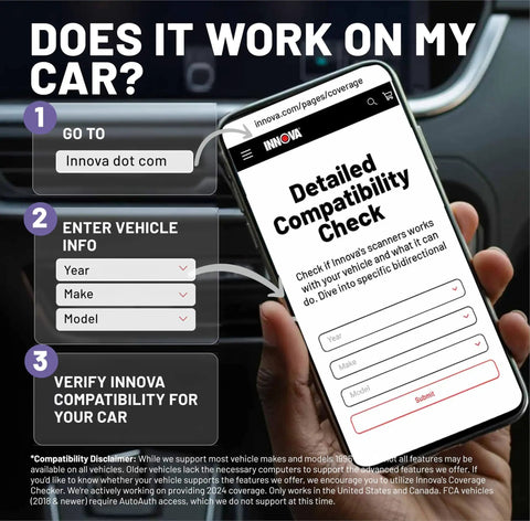 Smartphone displaying Innova's compatibility check for the Easy No Fuss Check Engine Code Reader And Scanner For 1996 And Later OBDII Cars.