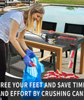 Woman using Beast Mode Pneumatic Can Crusher For 12oz To 16oz Cans, Wall Mounted Aluminum Smasher For Recycling by a pool.