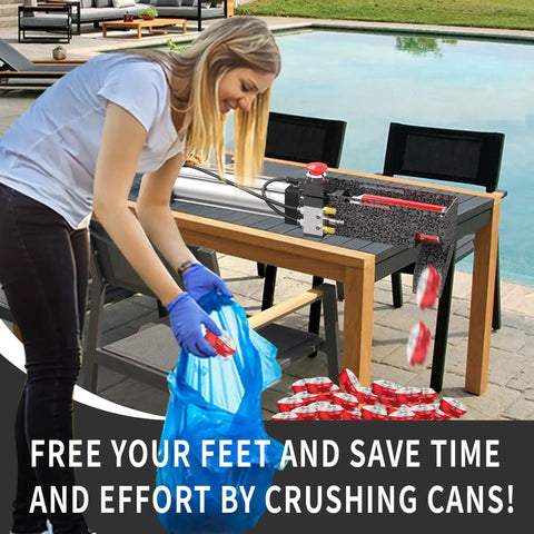 Woman using Beast Mode Pneumatic Can Crusher For 12oz To 16oz Cans, Wall Mounted Aluminum Smasher For Recycling by a pool.