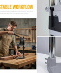 Heavy Duty Aluminum Drill Press Stand For Hand Drills, Built Like A Tank Workbench Mount With Zero Shake For Smooth Woodworking in use.