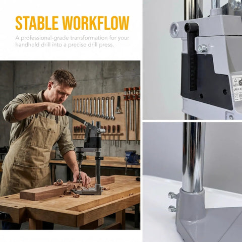 Heavy Duty Aluminum Drill Press Stand For Hand Drills, Built Like A Tank Workbench Mount With Zero Shake For Smooth Woodworking in use.