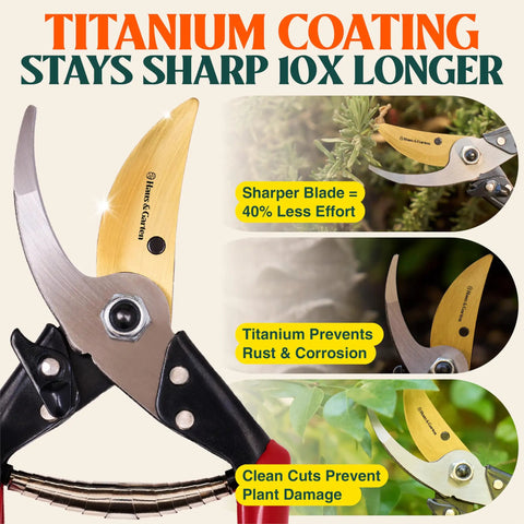 Pro Grade 8.75 Inch Titanium Bypass Pruning Shears With Razor Sharp Japanese High-Carbon Steel, Non Slip Grip
