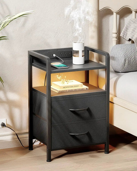 Nightstand With Charging Station And LED Light Strip, Modern End Table With USB Ports, AC Outlets, Storage Shelf And Two Fabric Drawers, Smart Bedroom Nightstand For Convenience And A Boss Vibe beside bed