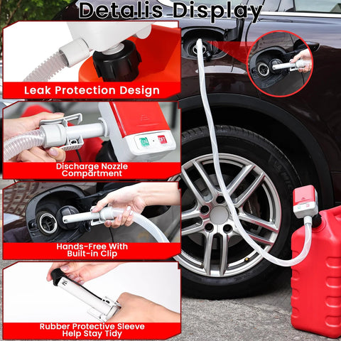 Battery Powered Gas Transfer Pump With Auto Stop, 3.2 GPM Flow, 51 Inch Hose, Portable Kit with 4 Adapters in use