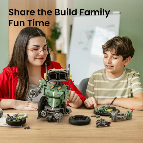 Kids building Totally Fun 727-Piece 5in1 Robot Car Kit With Remote Control For Kids Aged 8 To 14 - STEM Coding Robotics Toy on table.