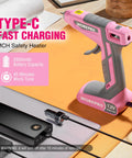 Cordless Dual-Temp Hot Glue Gun Kit With 7.2V Rechargeable Battery, Type-C Charge, 2600mAh, on wooden table