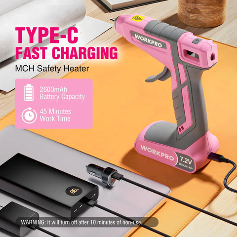 Cordless Dual-Temp Hot Glue Gun Kit With 7.2V Rechargeable Battery, Type-C Charge, 2600mAh, on wooden table