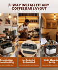 Automatic Electric Portafilter Puck Cleaner With Scrapers And Brush Heads For 51MM And 58MM Espresso Machines shown in various installation layouts.