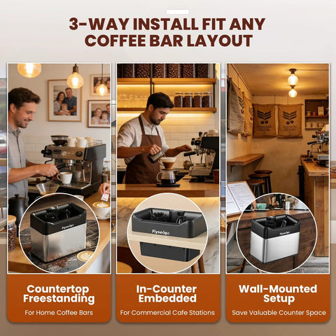 Automatic Electric Portafilter Puck Cleaner With Scrapers And Brush Heads For 51MM And 58MM Espresso Machines shown in various installation layouts.
