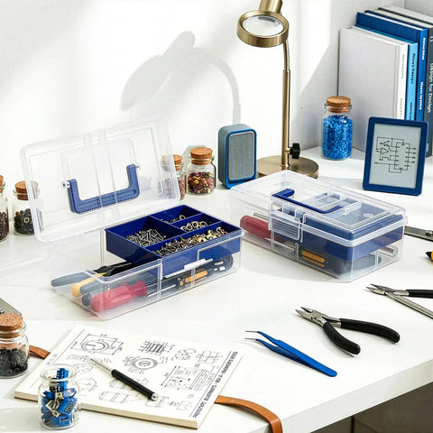 Two Pack Small Plastic Tool Box with Handle 2 Layer Clear Organizer With Removable Divider shown on a workbench with tools.