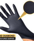 ARKEVA black 9 mil nitrile disposable glove, latex-free with raised diamond texture (side view)