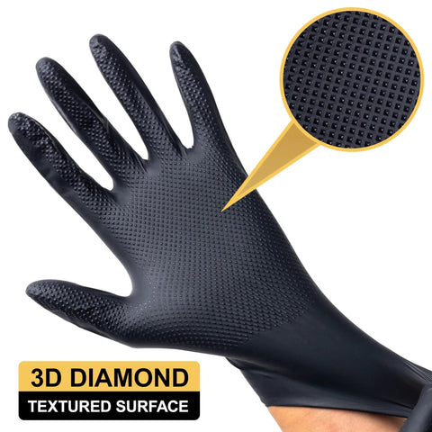 Built Tough 9 Mil Black Nitrile Disposable Work Gloves Xx Large 1000 Count latex-free with diamond texture for grip.
