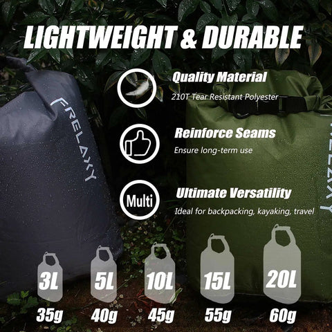 Ultralight Dry Bag Set 5 Pack Waterproof Dry Sacks In 3L 5L 10L 15L 20L with sizes and features displayed