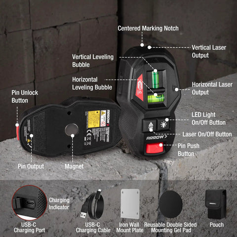 2-In-1 Laser Level With Magnetic Stud Finder Rechargeable Wall Scanner showing components labeled on a concrete surface