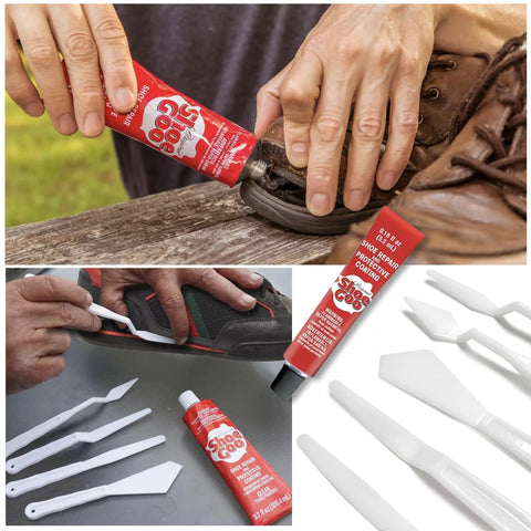 Repair Adhesive for Shoes and Boots, Clear, 7 Tubes, Includes Pixiss Spreader Tools Set for Easy Application and a Strong Bond on Leather, Vinyl, Rubber and Canvas to Fix Up Worn Footwear with hands applying adhesive to shoe.