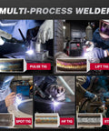 Collage highlighting welding modes of Beast 5 In 1 DC TIG Welder With Pulse HF Lift Spot And Stick Modes, 200 Amp, LED display.