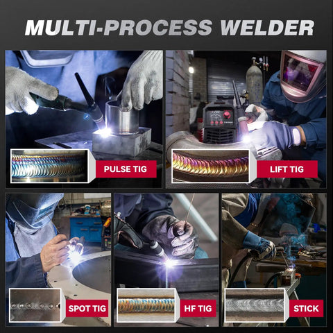Collage highlighting welding modes of Beast 5 In 1 DC TIG Welder With Pulse HF Lift Spot And Stick Modes, 200 Amp, LED display.