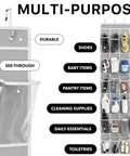 24 Pocket Crystal Clear Over The Door Shoe Organizer Gray 64 Inches High with multi-purpose labeled pockets.