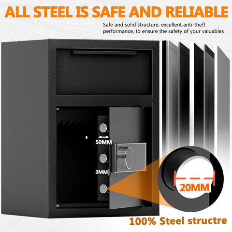 Heavy Duty Depository Drop Safe With Front Drop Slot And Fireproof Construction, Digital Combination Lock open showing interior compartments