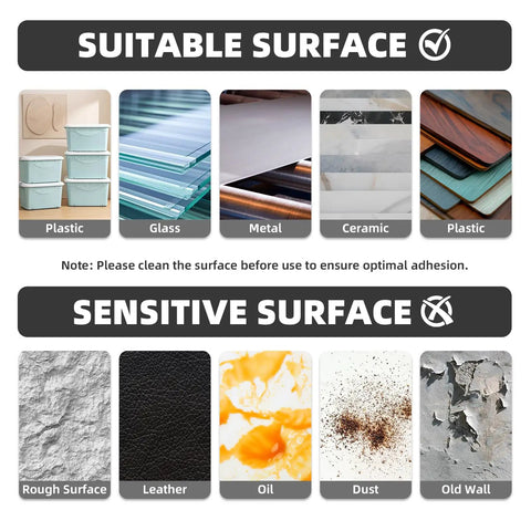 Image showing suitable and sensitive surfaces for Heavy Duty Reclosable Fastener Tape In Black That Locks It Down Tough Zero Sweat Application.