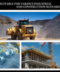 Industrial scenarios with a construction vehicle moving gravel, metal coils in a factory, and a building site with cranes.