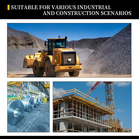 Industrial scenarios with a construction vehicle moving gravel, metal coils in a factory, and a building site with cranes.