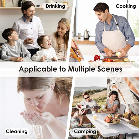 Multiple uses of 15UA-UF 0.01 Micron Under Sink Water Filter System for drinking, cooking, cleaning, and camping scenes.
