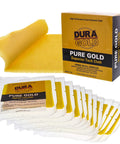 Pack of 12 Pure Gold Superior Tack Cloths 18x36 inch for auto body and woodworking, shown in packaging and individual cloths