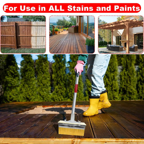 Person using Two Pack Deck Stain Brush Set With Threaded Long Handle, 7 Inch Stain Applicator And 60 Inch Extension Pole on deck