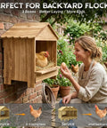 Woman with hen beside Gold Standard 3 Pack Wooden Chicken Nesting Boxes For Laying Eggs Farm House Series Nest Boxes