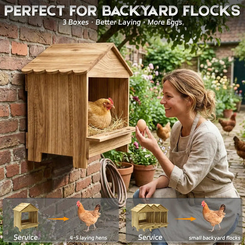 Woman with hen beside Gold Standard 3 Pack Wooden Chicken Nesting Boxes For Laying Eggs Farm House Series Nest Boxes