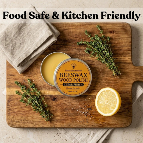 Real Deal Natural Beeswax Furniture Polish To Restore Dry Wood And Boost Natural Grain With Food Safe Olive Oil Blend For A Smooth Clean Finish That Gives Your Favorite Wooden Pieces Brand New Life In 3.5 Fl Oz Jar on a wooden cutting board with herbs and lemon.