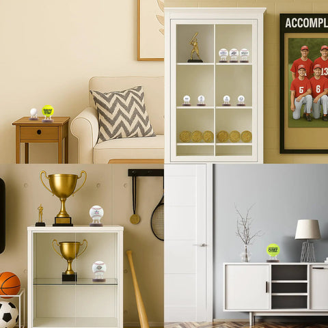 Two Pack Baseball Display Stands With Walnut Wood Base And Clear Acrylic Arms showcasing sports memorabilia in home setting.