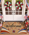 Patriotic 4th Of July Door Mat With Red White Blue Fireworks Design Welcome Mat With Heavy Duty Backing Faux Coco Coir Doormat