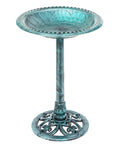 28 Inch Height Polyresin Bird Bath With Antique Verdigris Finish, Weather Resistant Pedestal Garden Decor, Fleur De Lys Accent Bowl, Vintage Yard Art In Green
