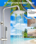 8 Inch Rain Shower System With Handheld Sprayer And Wall Mount Faucet in Brushed Nickel showing water flow and beach background